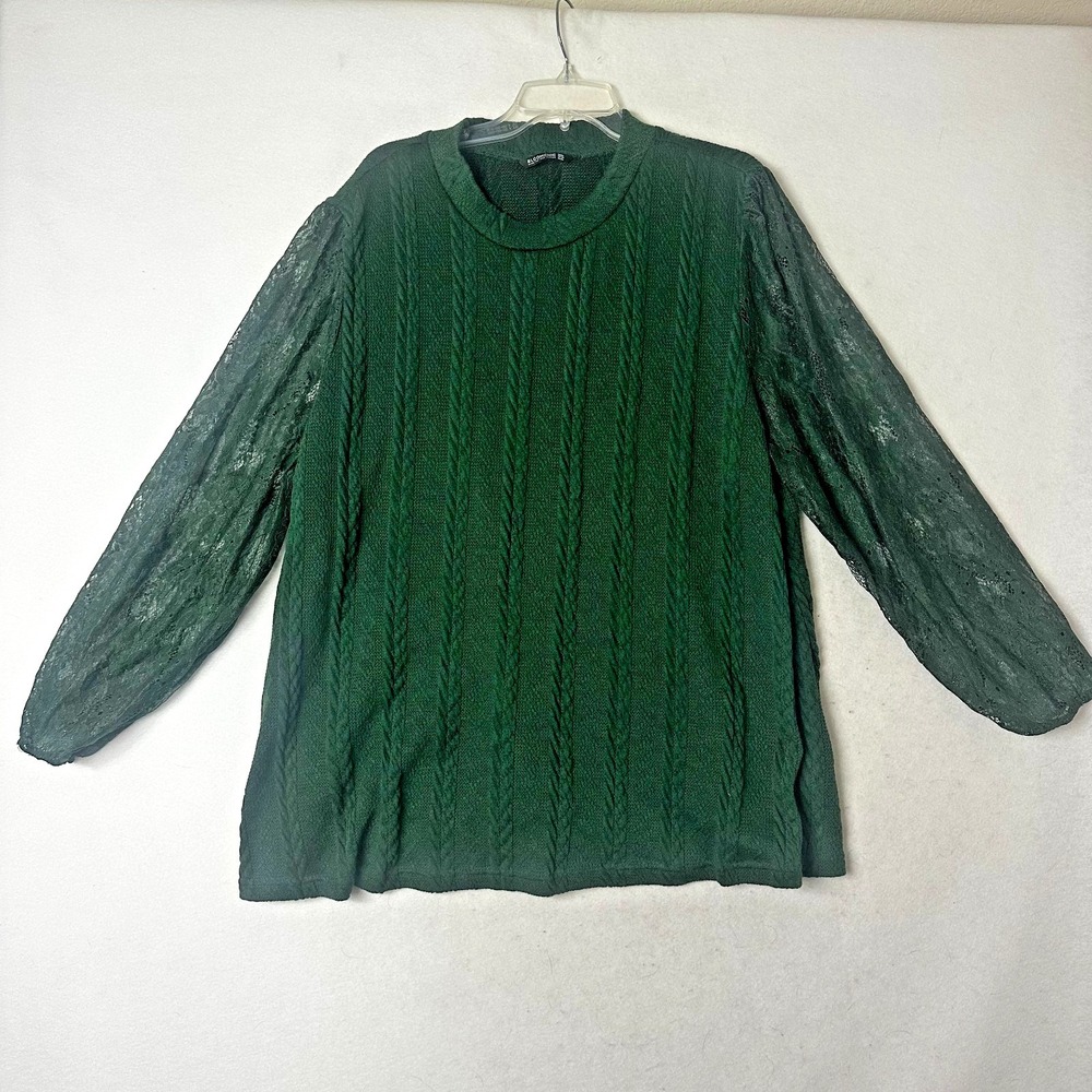 BloomChic Green Cable Knit Lace Sleeve Sweater Top Plus Size 26 Crew Neck